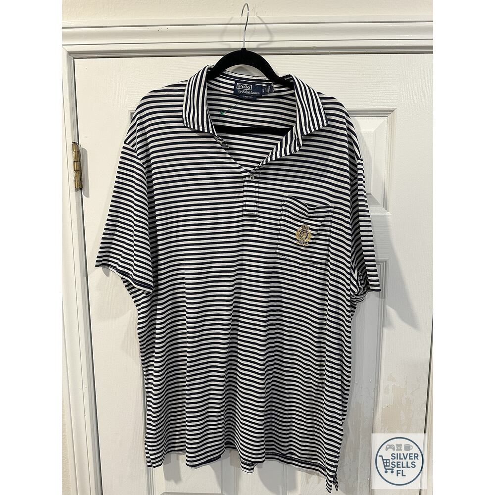 Polo Ralph Lauren XL Navy White Striped Short Sleeve Crest Pocket Polo Shirt